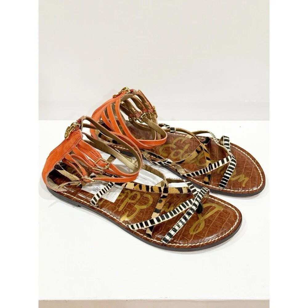 Sam Edelman Gable Women Animal Print Strappy Thong Sandals Size 8.5 M Orange EUC